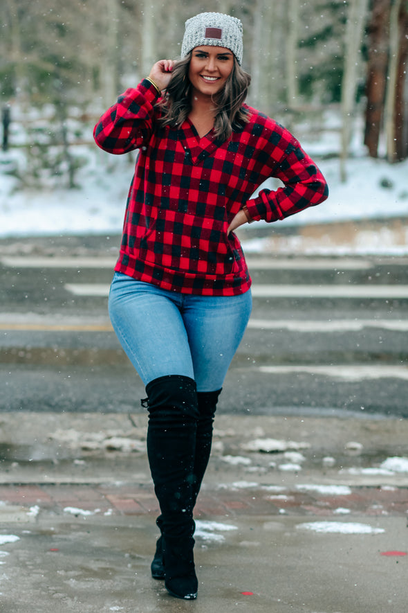 Red Buffalo Plaid Hacci Knit Hoodie Top