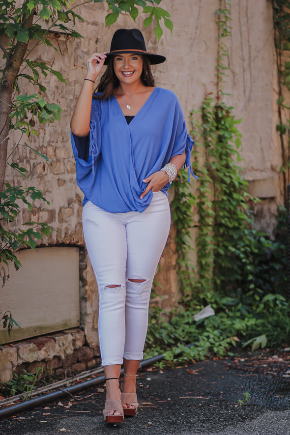 Indigo Blue Surplice Tie Sleeve Blouse