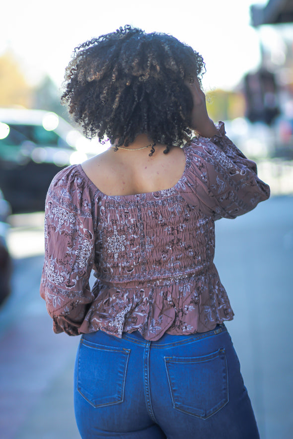 Dark Mauve Paisley Smocked V Neck Blouse