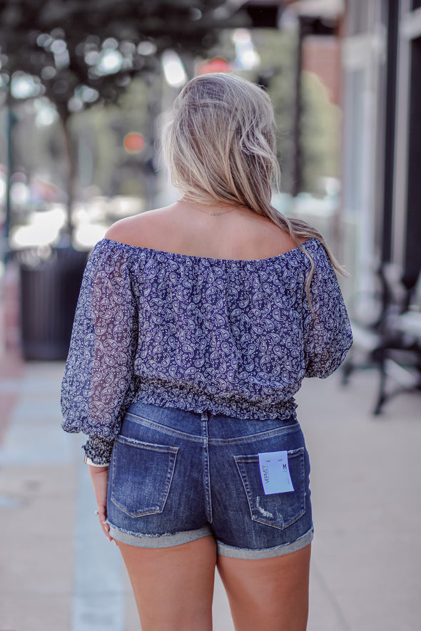 Navy Paisley Off Shoulder Smocked Top