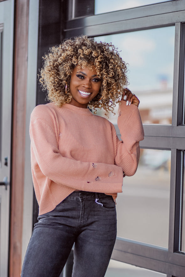 CLEARANCE STOREFRONT Peach Wide Sleeve Distressed Sweater Top