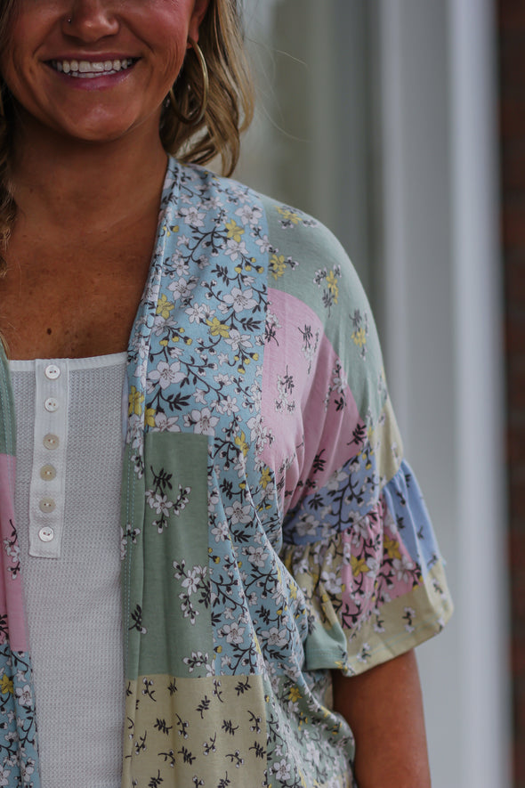 Multi Floral Pastel Short Sleeve Kimono