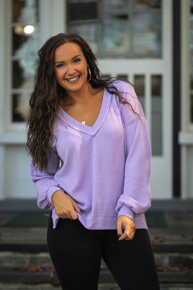 Lavender Ribbed V Neck Pullover Top