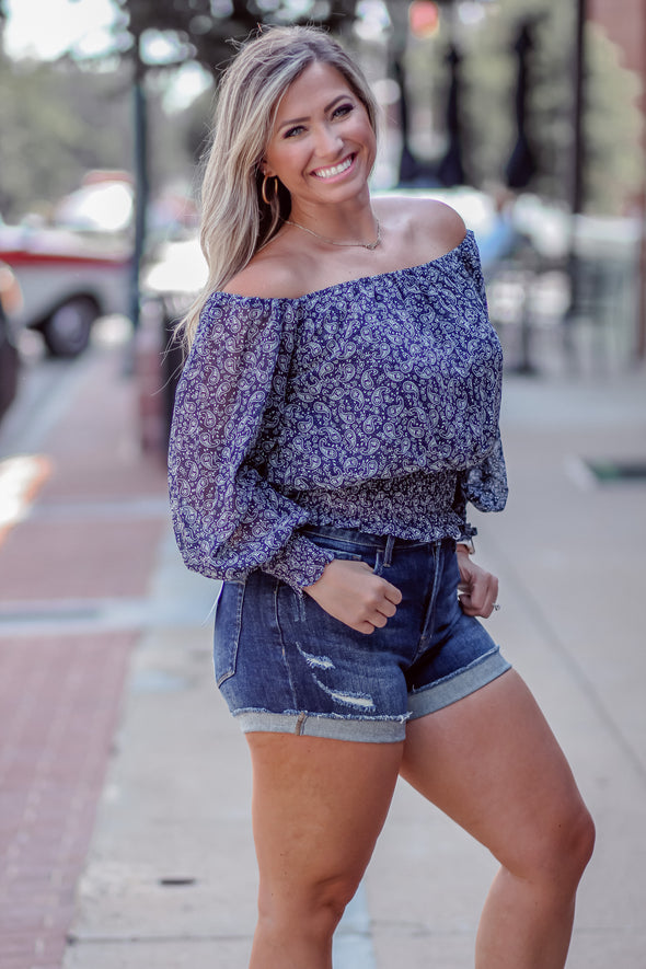 Navy Paisley Off Shoulder Smocked Top