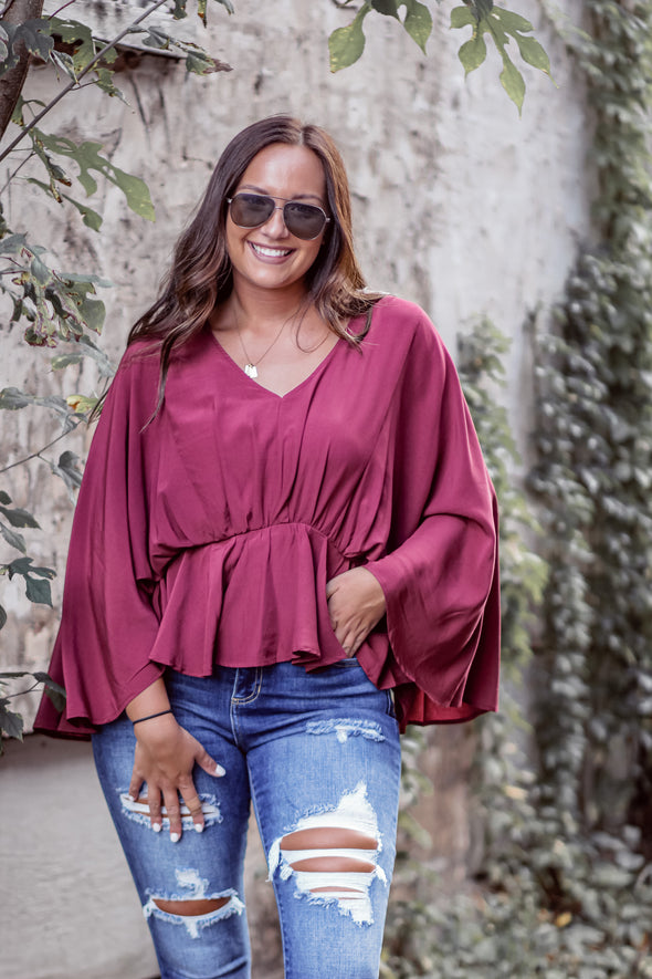 Wine V Neck Batwing Peplum Blouse