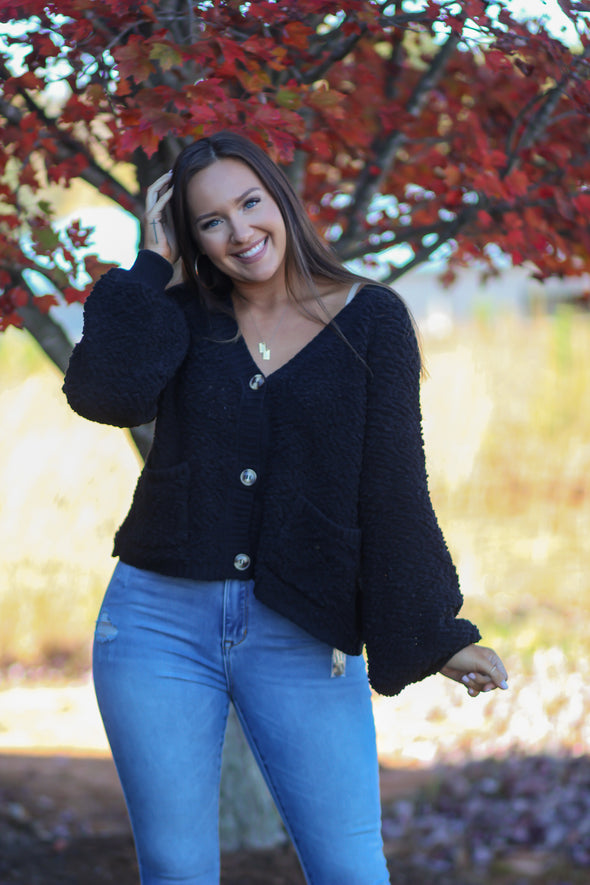 Black Balloon Sleeve Button Down Popcorn Sweater