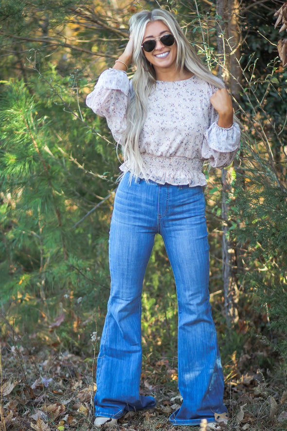 Taupe Gold Floral Smocked Detail Top