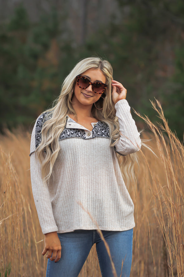 Oatmeal & Leopard Contrast Henley Top