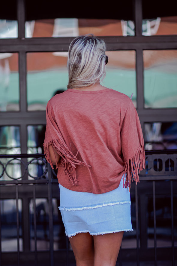 Rust Distressed Fringe Sleeve Blouse