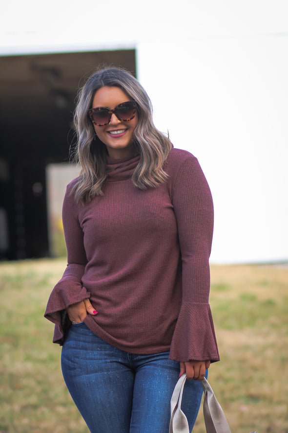 Dusty Rust Ribbed Bell Sleeve Top