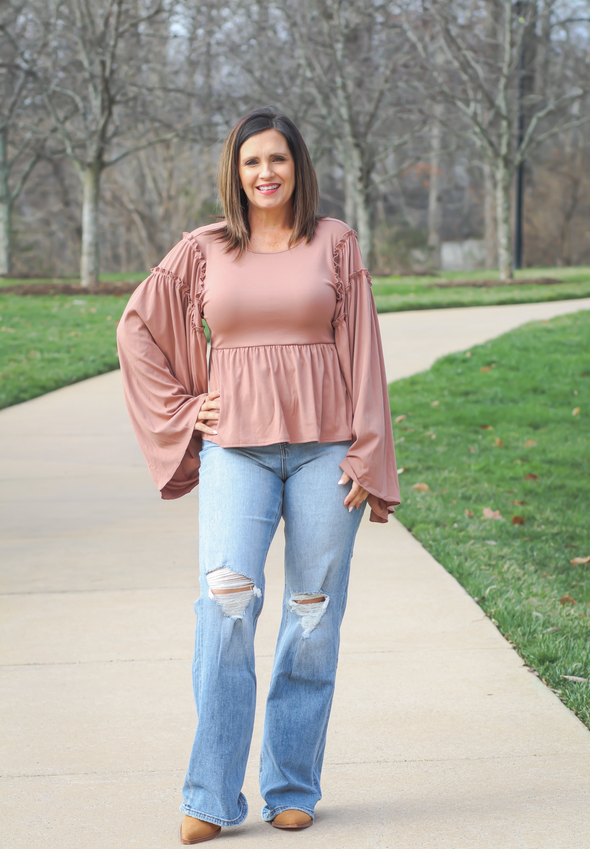 Rose Bell Sleeve Open Back Peplum Top