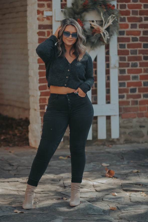 Charcoal Fuzzy Button Down Sweater Top