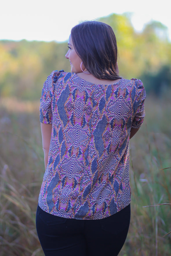 Charcoal & Violet Snake Print Woven V Neck Blouse