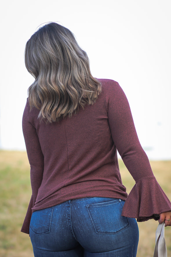 Dusty Rust Ribbed Bell Sleeve Top