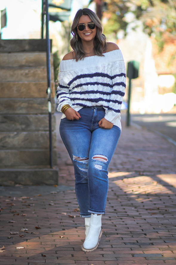 Ivory & Navy Stripe Cable Knit Sweater