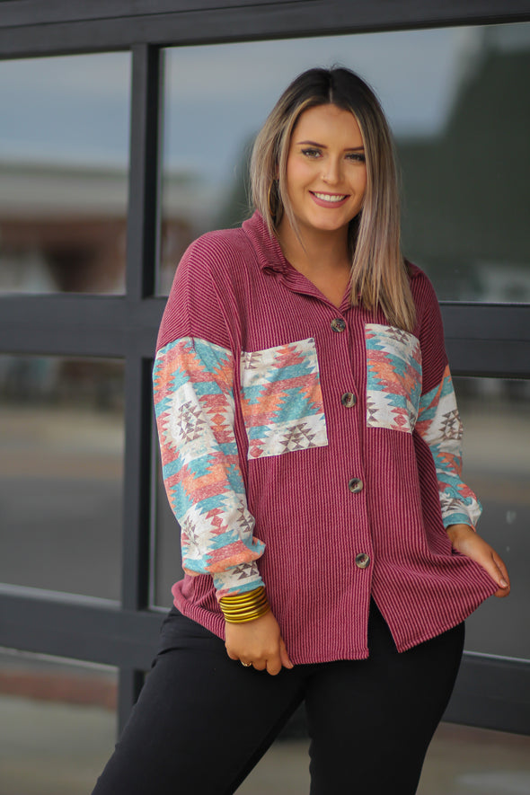 Plum & Aztec Ribbed Button Down Top