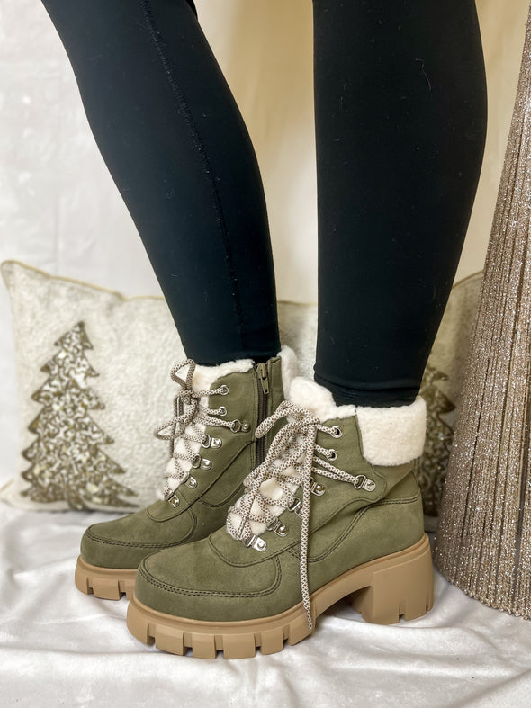Olive Faux Fur Lace Up Boot