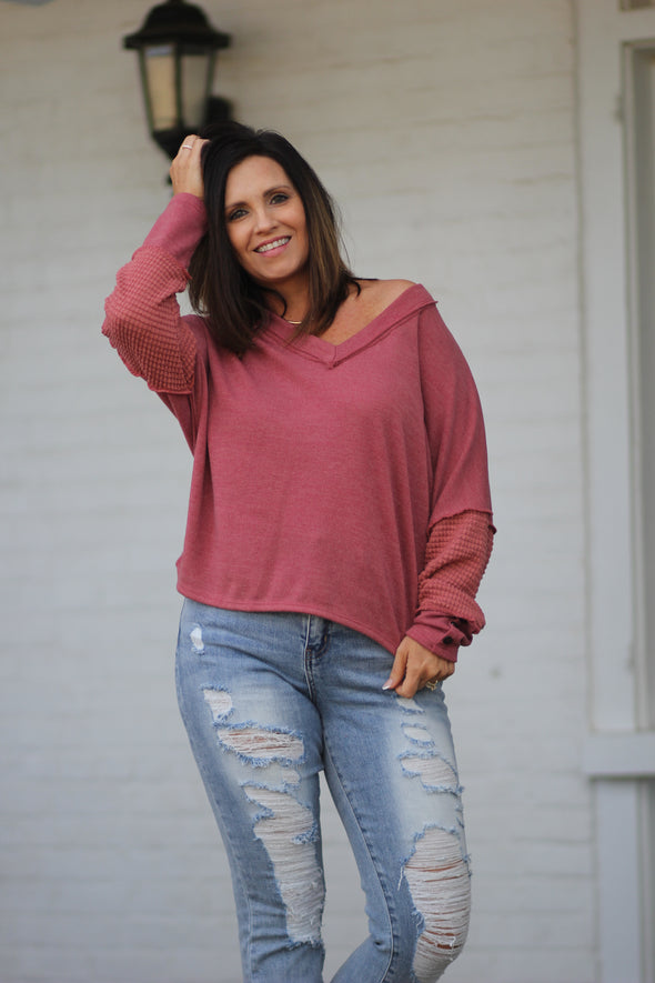 Marsala Waffle Knit Contrast V Neck Top