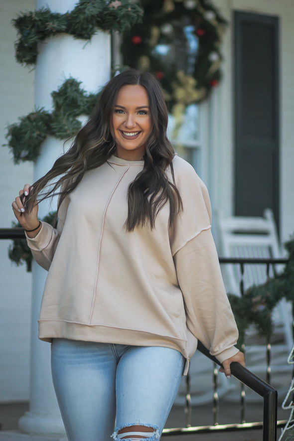 Taupe Oversized Exposed Seam Pullover