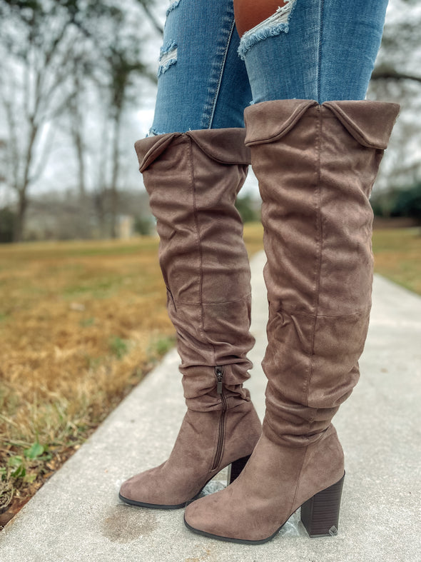 Taupe Suede Ruched Over The Knee Boot