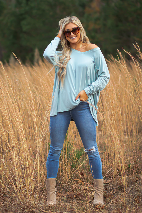 Sage Oversized Long Sleeve Front Pocket Top