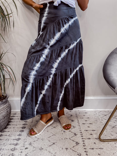 Black Tie Dye Tiered Midi Skirt