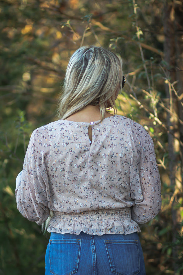 Taupe Gold Floral Smocked Detail Top