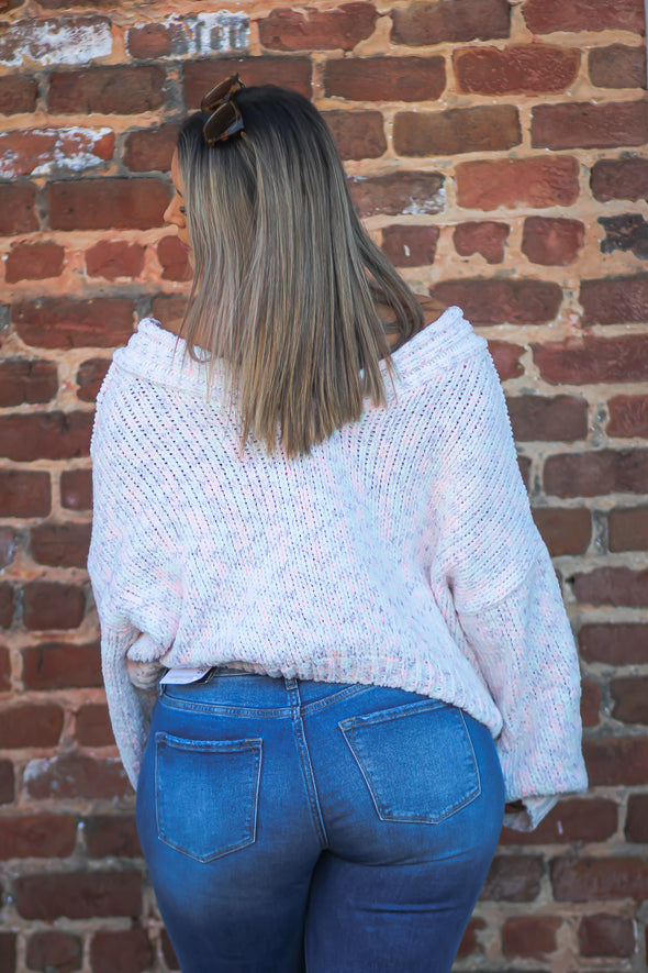 Ivory & Pink Speckled V Neck Sweater