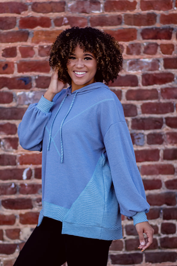 Dusty Blue Two Tone Asymmetrical Hooded Pullover