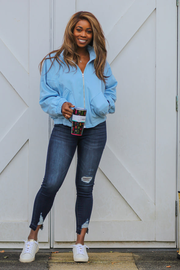 Baby Blue Casual Zip Up Jacket
