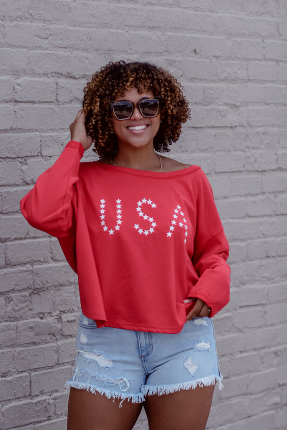 Red & Ivory Star USA Open Back Long Sleeve Top