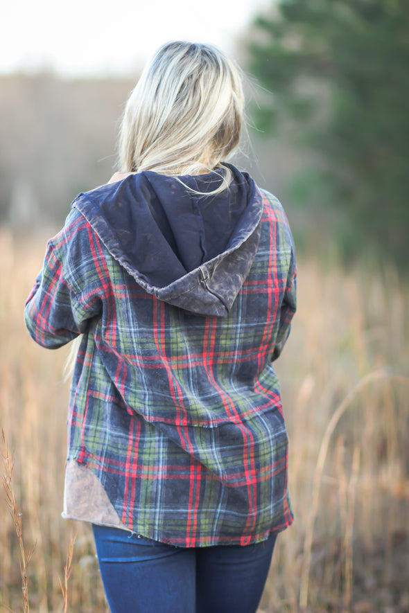Washed Navy & Hunter Green Plaid Hooded Flannel