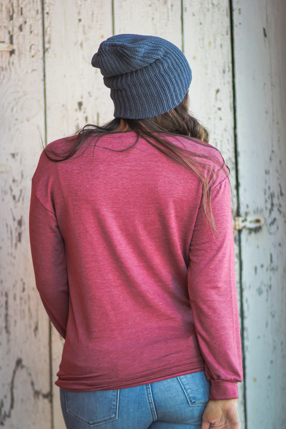 Wine Distressed Front Pocket Top