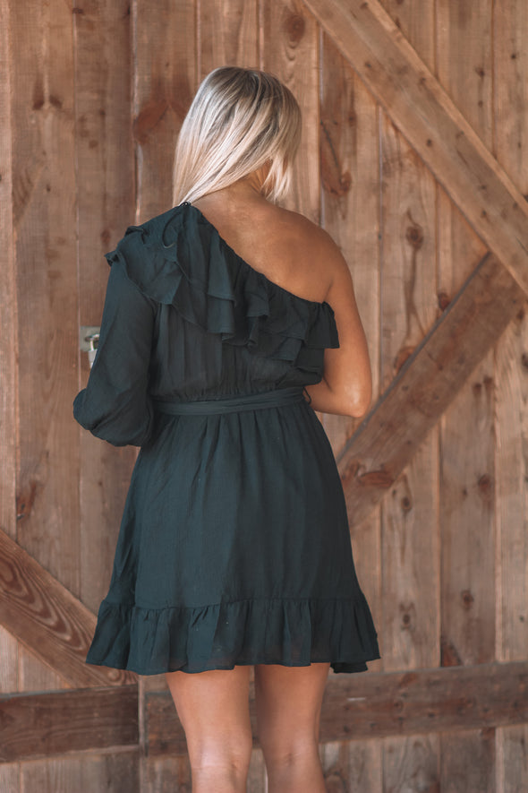 Black One Shoulder Ruffle Detail Mini Dress In Regular & Curvy