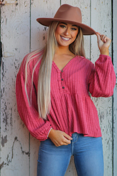 Bright Rose Ribbed Babydoll Top