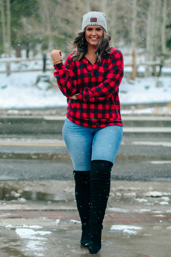 Red Buffalo Plaid Hacci Knit Hoodie Top