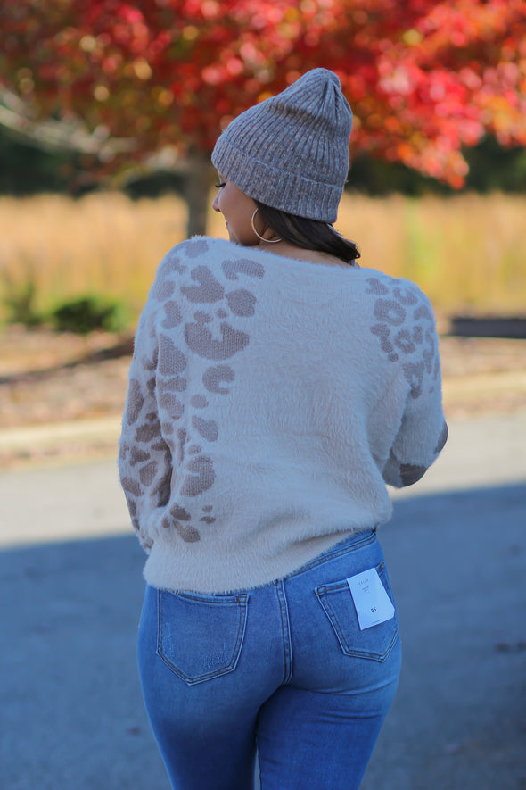 Taupe Leopard Fuzzy Knit Sweater