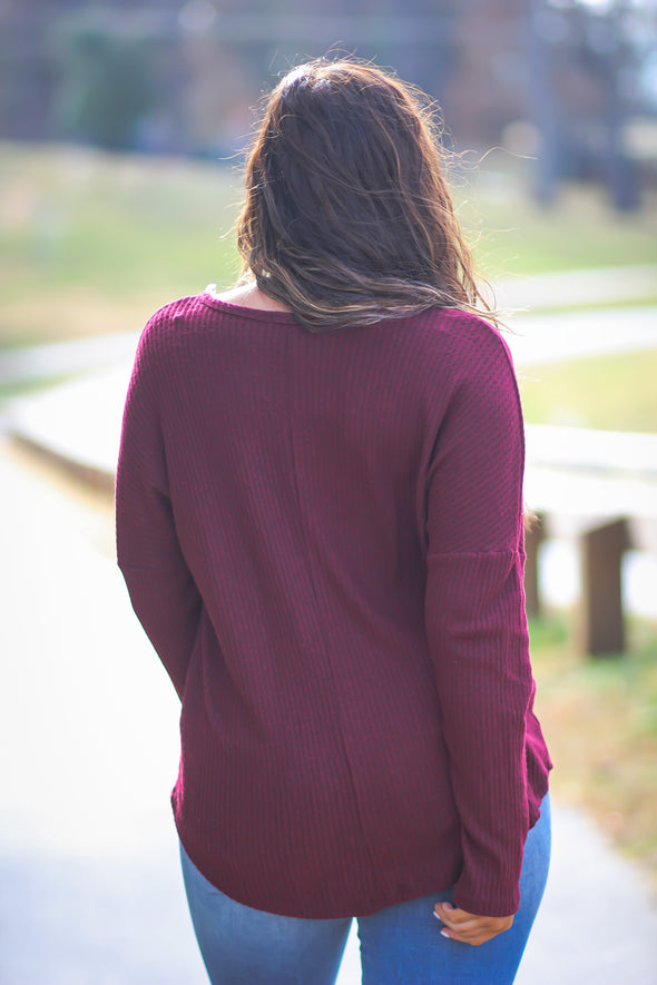 Wine Waffle Knit Button Detail Long Sleeve Top