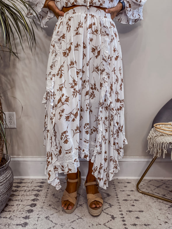 Ivory Floral Ruffle Hem Maxi Skirt