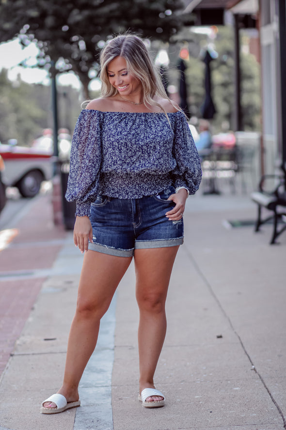 Navy Paisley Off Shoulder Smocked Top