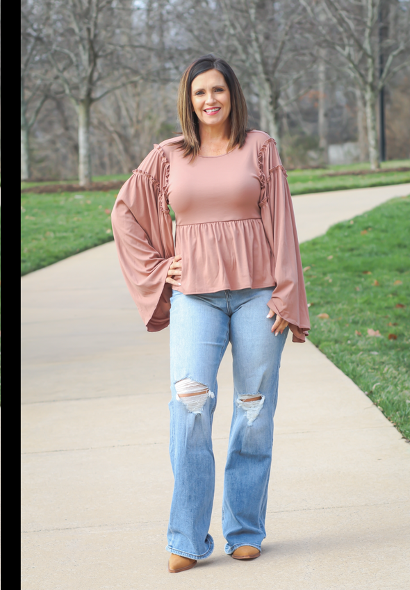 Rose Bell Sleeve Open Back Peplum Top