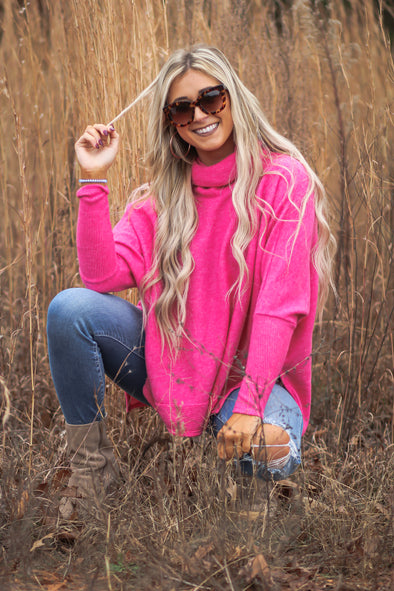 Fuchsia Brushed Knit Cowl Neck Top