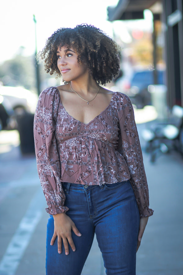 Dark Mauve Paisley Smocked V Neck Blouse