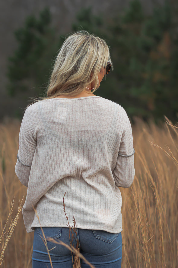 Oatmeal & Leopard Contrast Henley Top