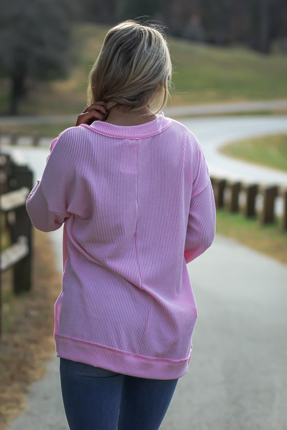 Bubblegum Pink Ribbed Knit Long Sleeve Top