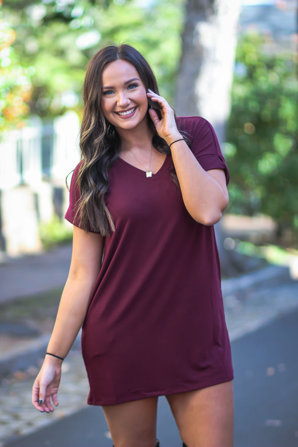 Wine V Neck T Shirt Dress