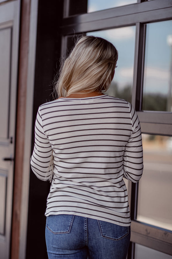 STOREFRONT Ivory & Olive Stripe Thermal Henley Top