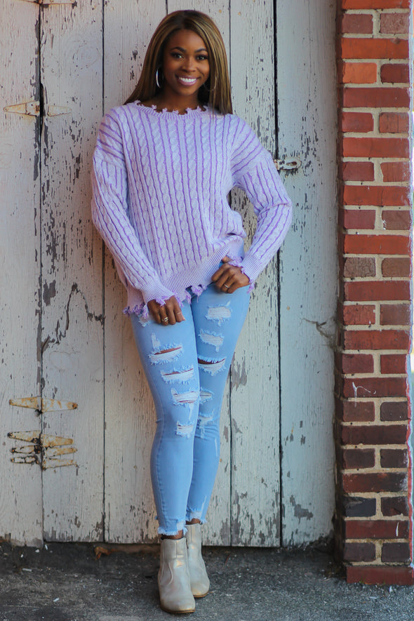 Lilac Vintage Washed Raw Hem Sweater