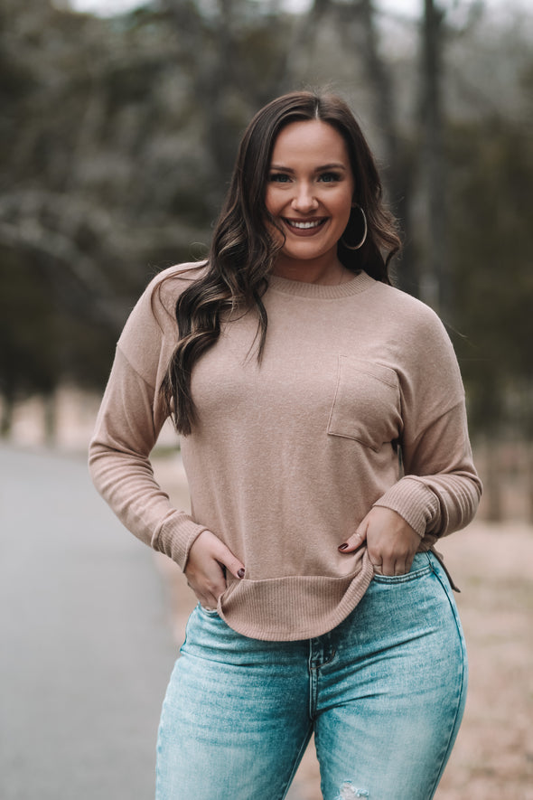 Taupe Brushed Front Pocket Long Sleeve Top