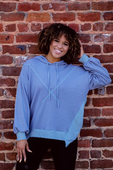 Dusty Blue Two Tone Asymmetrical Hooded Pullover